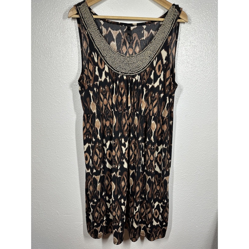 NIC&DOM Dress Womens Medium Brown Beaded Neckline Sleeveless Animal Print